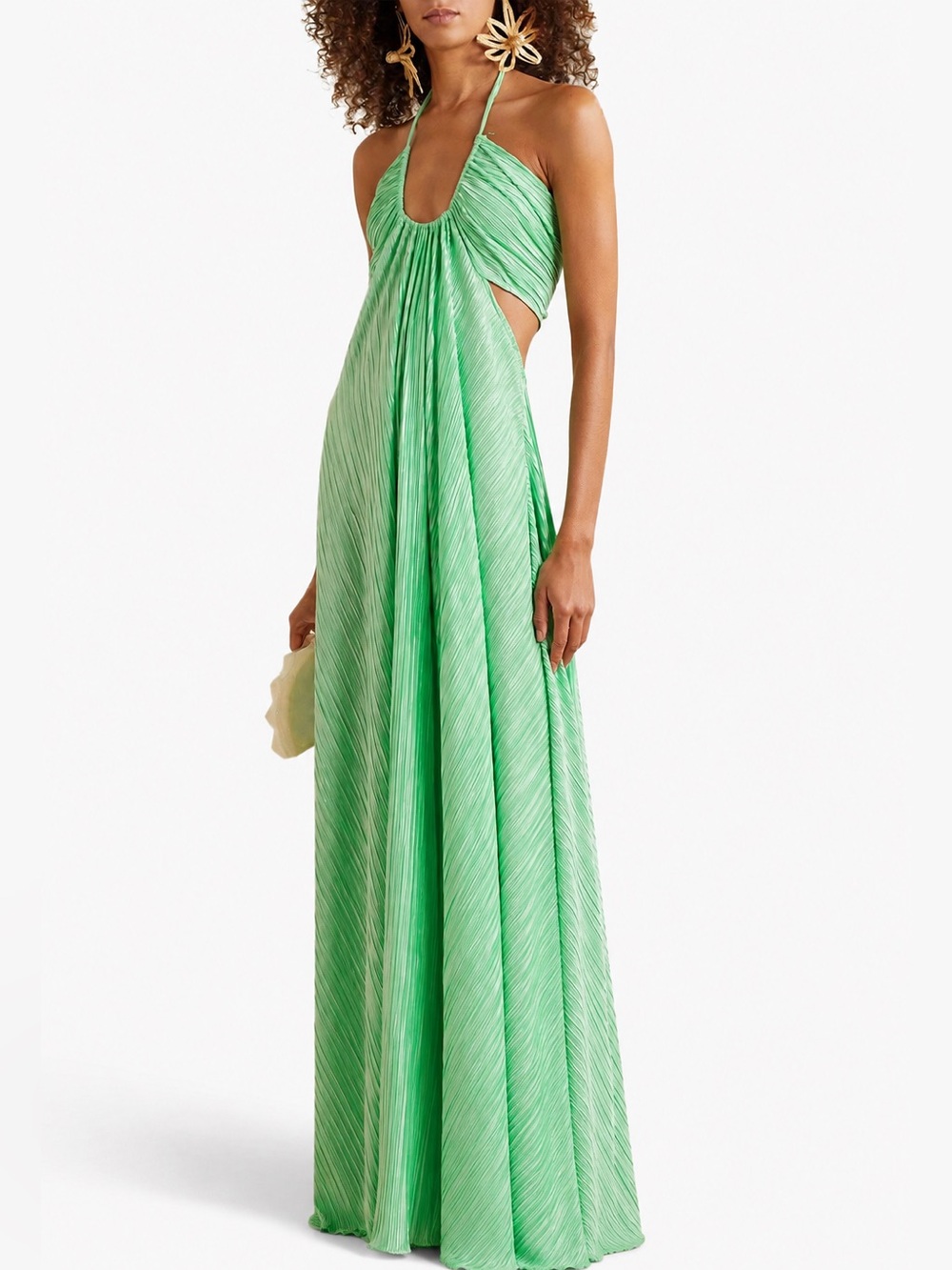 Love Shack Fancy Julissa pleated plissé-satin halter maxi dress in a mint green